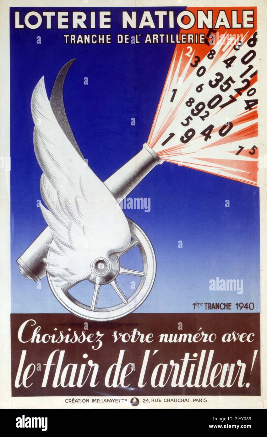 French 'National Lottery' Poster 1942. highlighting a campaign to fund Easter eggs, for displaced children, after the devastation of World War Two and occupation of France. Stock Photo
