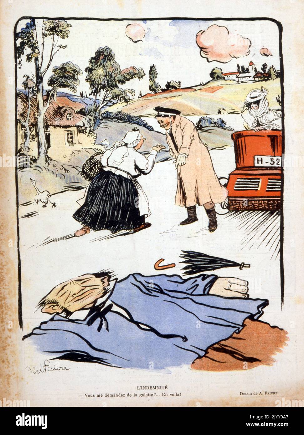 Caricature Illustration depicting a casualty of a road accident. 'Le Rire' magazine 1902. Stock Photo