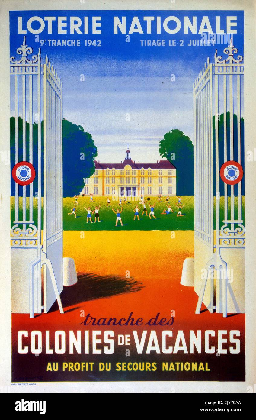 French 'National Lottery' Poster 1942. highlighting a campaign to fund holiday camps, for displaced children, after the devastation of World War Two and occupation of France. Stock Photo