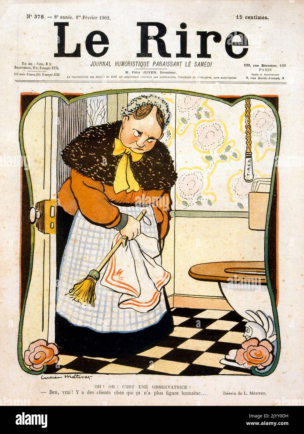 Caricature Illustration depicting women about to clean a toilet. 'Le Rire' magazine 1902. Stock Photo