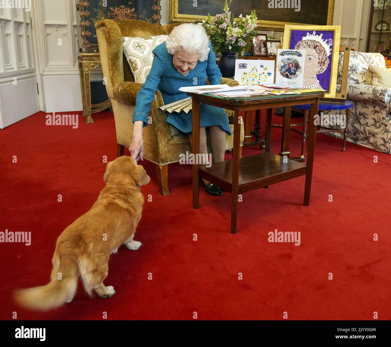 File photo dated 4/2/2022 of Queen Elizabeth II being joined by one of her dogs, a Dorgi called Candy, as she viewed a display of memorabilia from her Golden and Platinum Jubilees in the Oak Room at Windsor Castle. During her reign, the Queen owned more than 30 corgis, with many of them direct descendants from Susan, who was given to her as an 18th birthday present by her parents in 1944 and was so loved that she accompanied Princess Elizabeth on her honeymoon. Issue date: Thursday September 8, 2022. Stock Photo