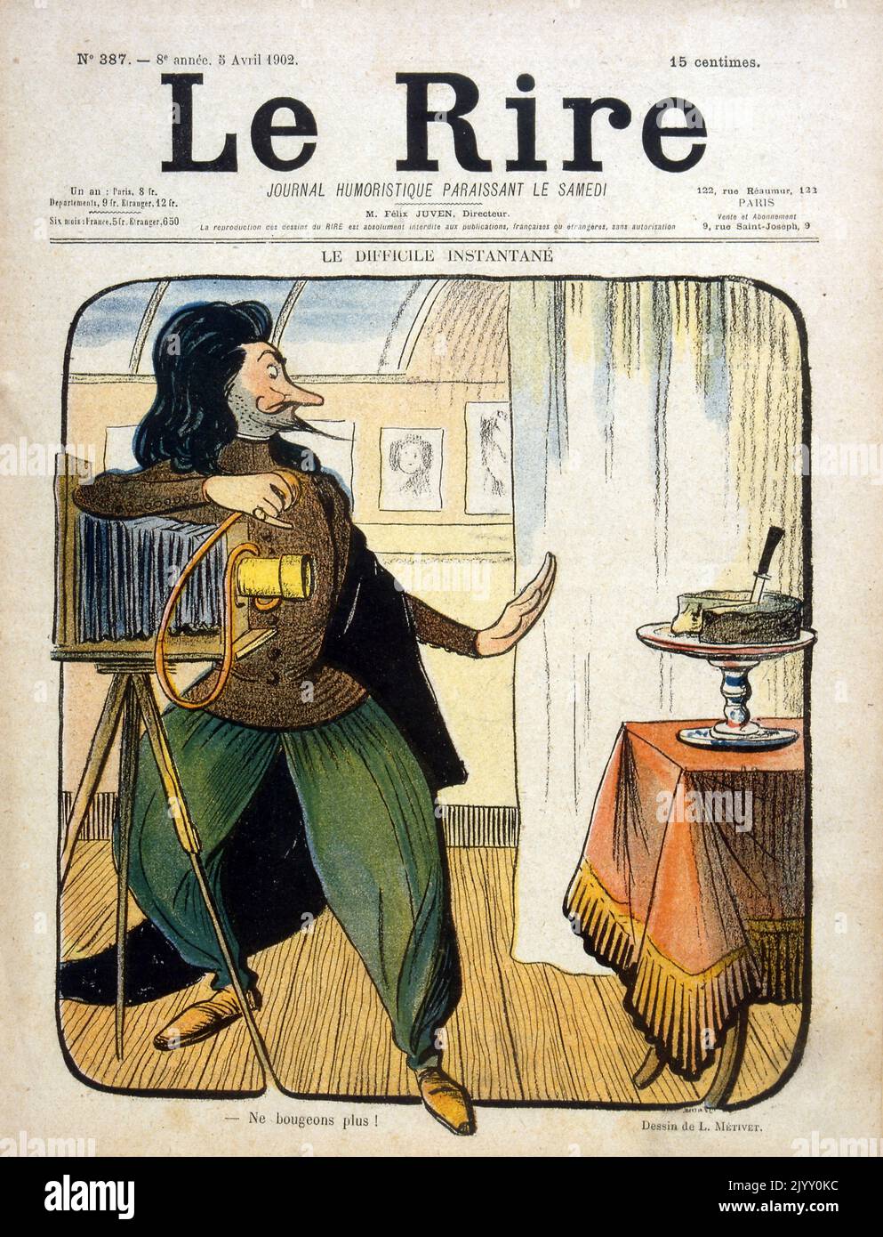 Caricature Illustration depicting a nineteenth century photographer. 'Le Rire' magazine 1902. Stock Photo