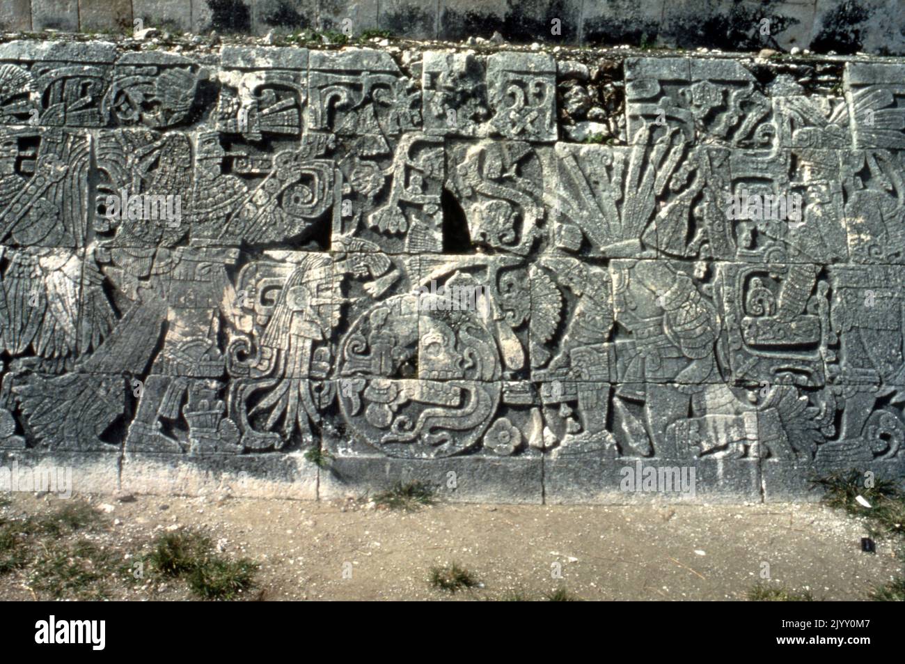 relief depicting ball players at the Great Ball Court at Chichen Itza, a pre-Columbian city built by the Maya people of the Terminal Classic period. Chichen Itza was a major focal point in the Northern Maya Lowlands from the Late Classic (c. AD 600-900), into the early portion of the Post classic period (c. AD 900-1200). The Great Ball Court was used for playing the Mesoamerican ballgame. It is the largest and best preserved ball court in ancient Mesoamerica.[41] It measures 168 by 70 metres (551 by 230 ft). Stock Photo