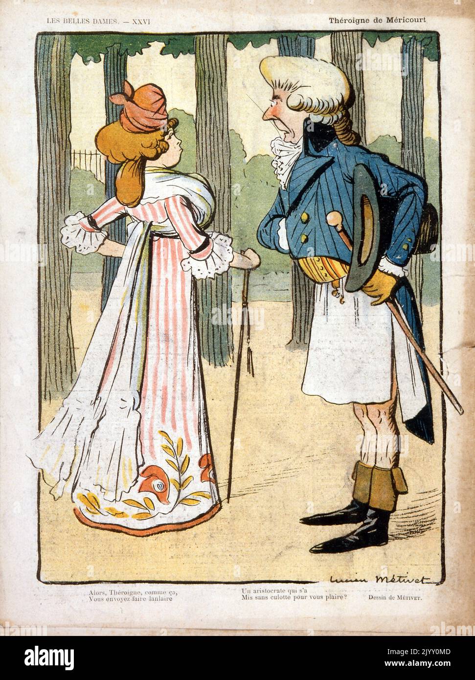 Caricature Illustration depicting a an eighteenth century French couple in conversation in a park. 'Le Rire' magazine 1902. Stock Photo