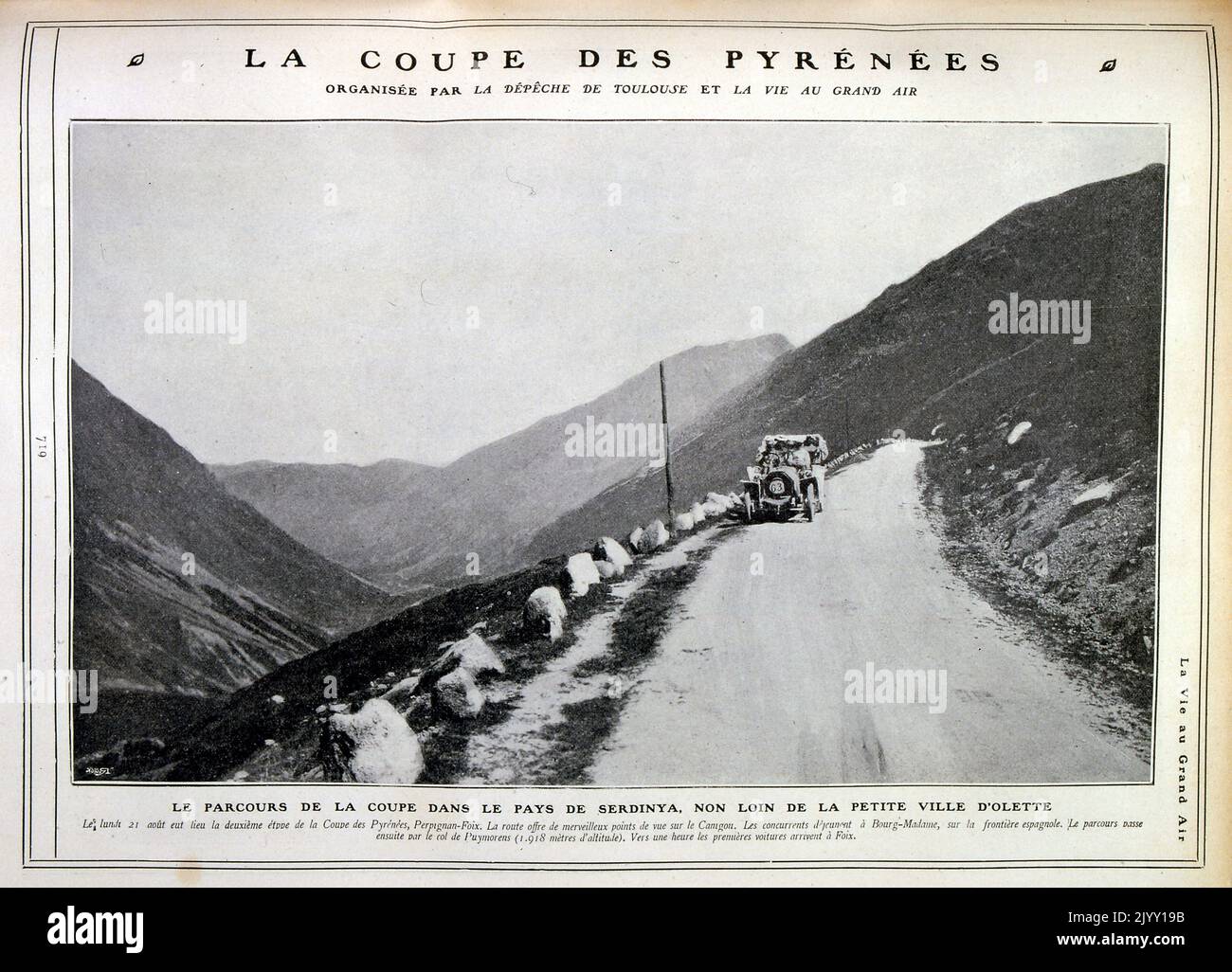 Vintage photograph of an early automobile in the Pyrenees (French), Mountains in 1905 Stock Photo