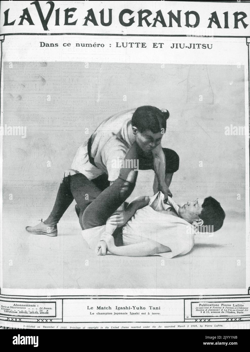 Katsukuma Higashi (on floor) and Yukio Tani (on top), during their controversial 29 November, 1905 jiu-jitsu match, in Paris. The Tani Higashi match, ended in a near-riot, leading to talk of French authorities banning similar contests in the future. Stock Photo