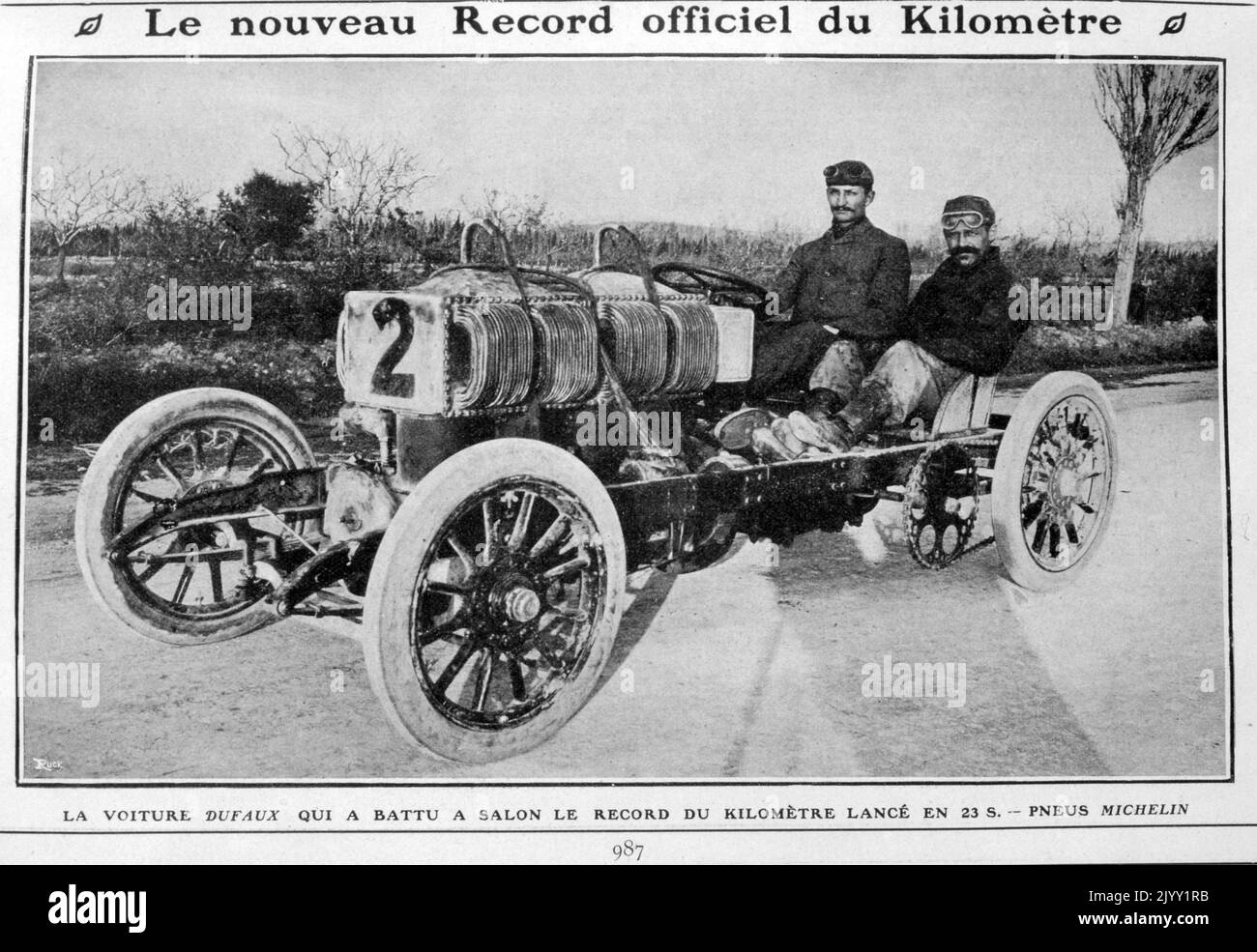 Dufaux was a Swiss car manufacturer established Geneva in 1904 by Charles and Frederic Dufaux. four-cylinder engine with 26,400 cc. This big engine gave more than 150 bhp (110 kW). Frederic Dufaux broke with this car the world record on 13 November 1905 at a speed of 98 mph (158 km/h). He completed a kilometer in just 23 seconds. Stock Photo