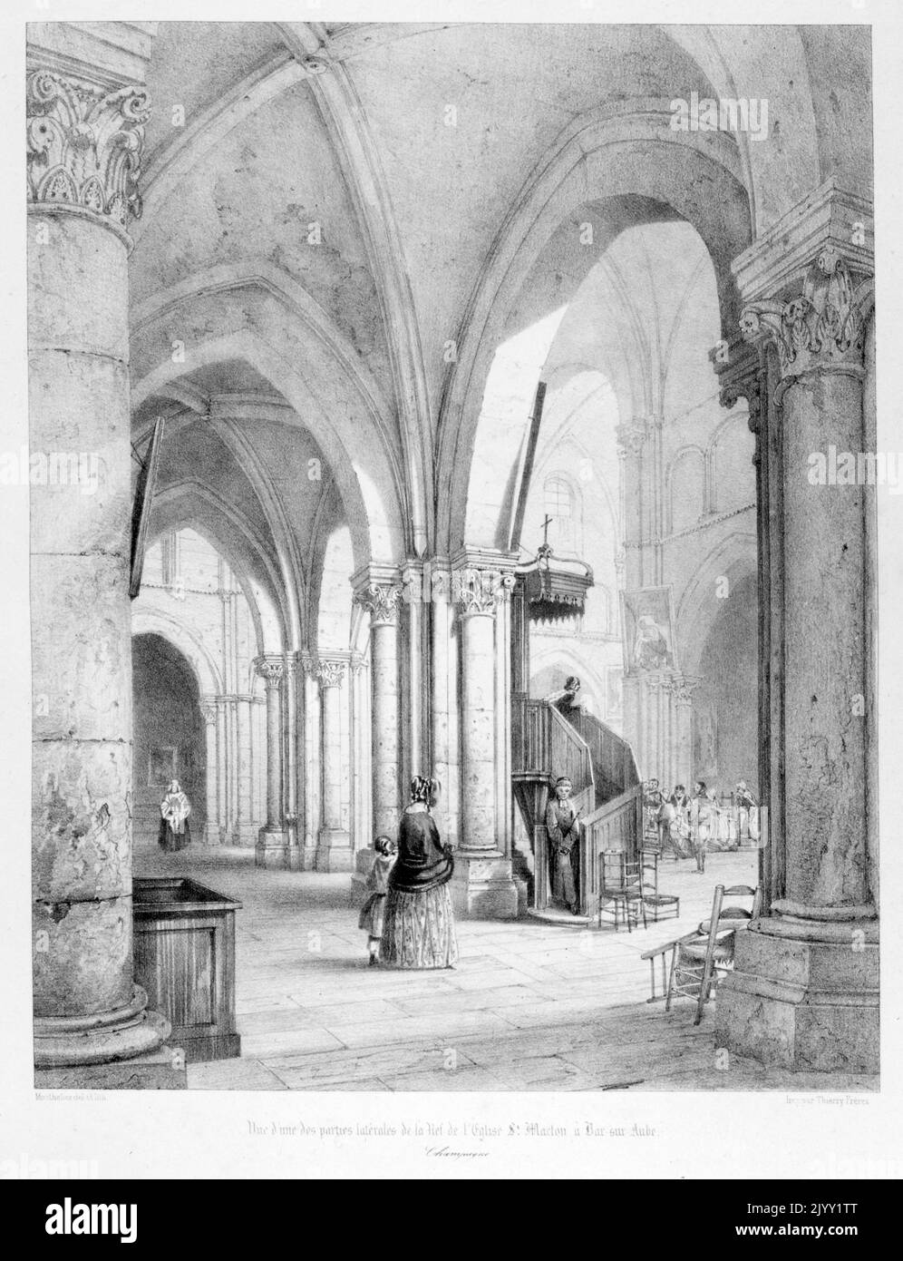 Drawing of the 12th century, Church of Saint Maclou Bar-sur-Aube, in the Aube department in the Grand Est region of France. Stock Photo