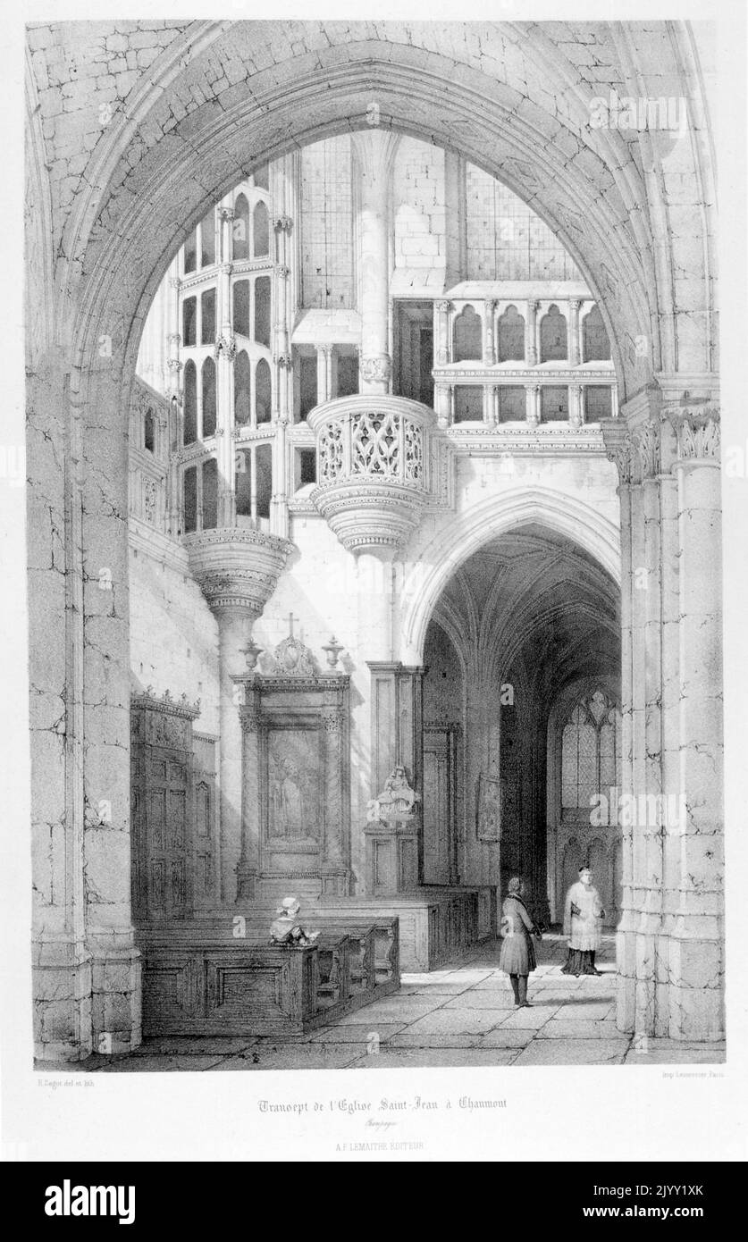Drawing of the Basilica of (St Jean) St. John the Baptist, in the city of Chaumont in France. Gothic style. The church was built in the early 13th century by Pope Sixtus IV. Stock Photo
