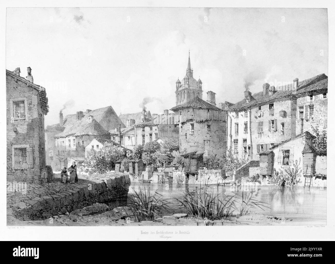 Drawing of the town of Joinville, on the river Marne in eastern Champagne, France 1857. In the early eleventh century, when a castle was built or possibly just enlarged at the site, it lay close to the border between the Kingdom of France and the Holy Roman Empire. The family of the lords of the castle rose to prominence late in the eleventh century when they acquired a second castle of Vaucouleurs. Stock Photo