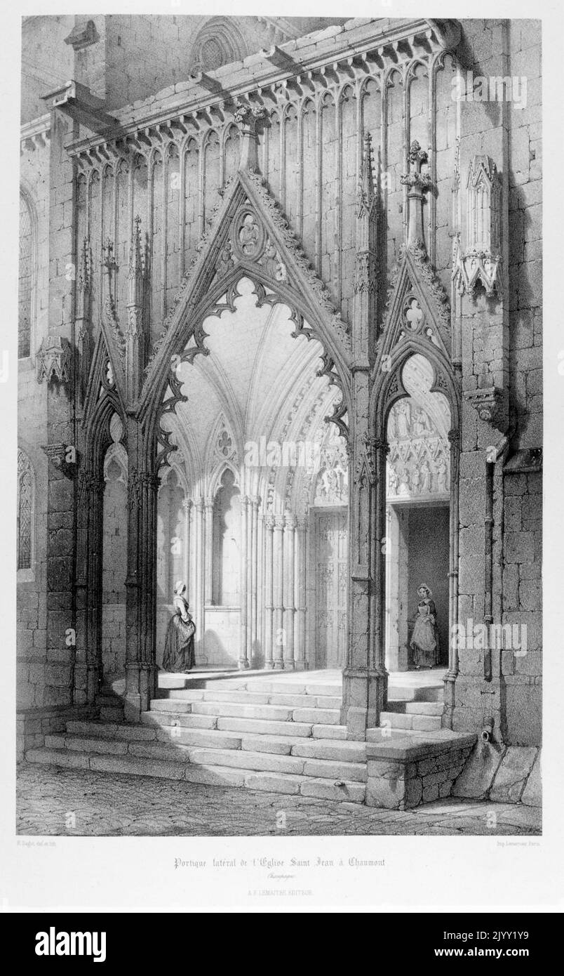 Drawing of the Basilica of (St Jean) St. John the Baptist, in the city of Chaumont in France. Gothic style. The church was built in the early 13th century by Pope Sixtus IV. Stock Photo