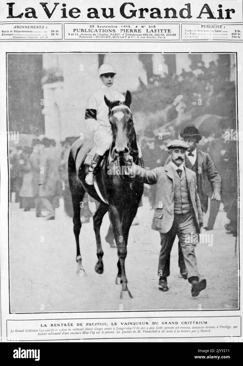 Prestige (1903 - 1923), an undefeated French Thoroughbred racehorse and sire wins the 1905 Grand Criterium Race. Prestige was the dominant two-year-old in France in 1905, winning all seven of his races including the Omnium de Deux Ans, Prix de Deux Ans, Criterium de Maisons-Laffitte, Grand Criterium and Prix de la Foret. Stock Photo