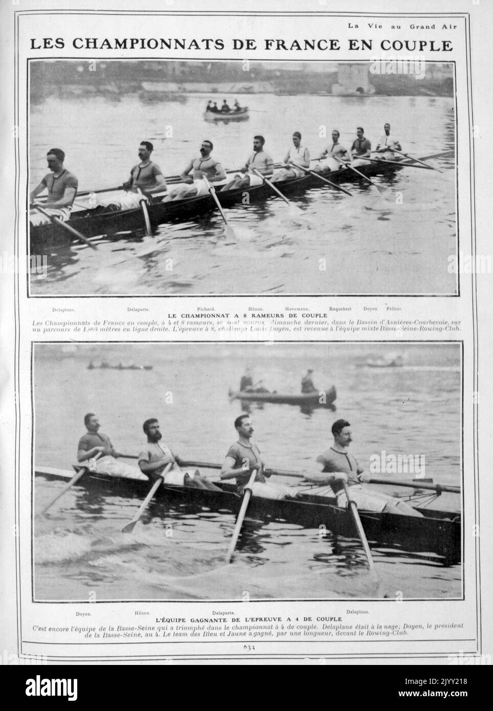 Vintage French photographs of rowers rowing canoes, France 1905 Stock