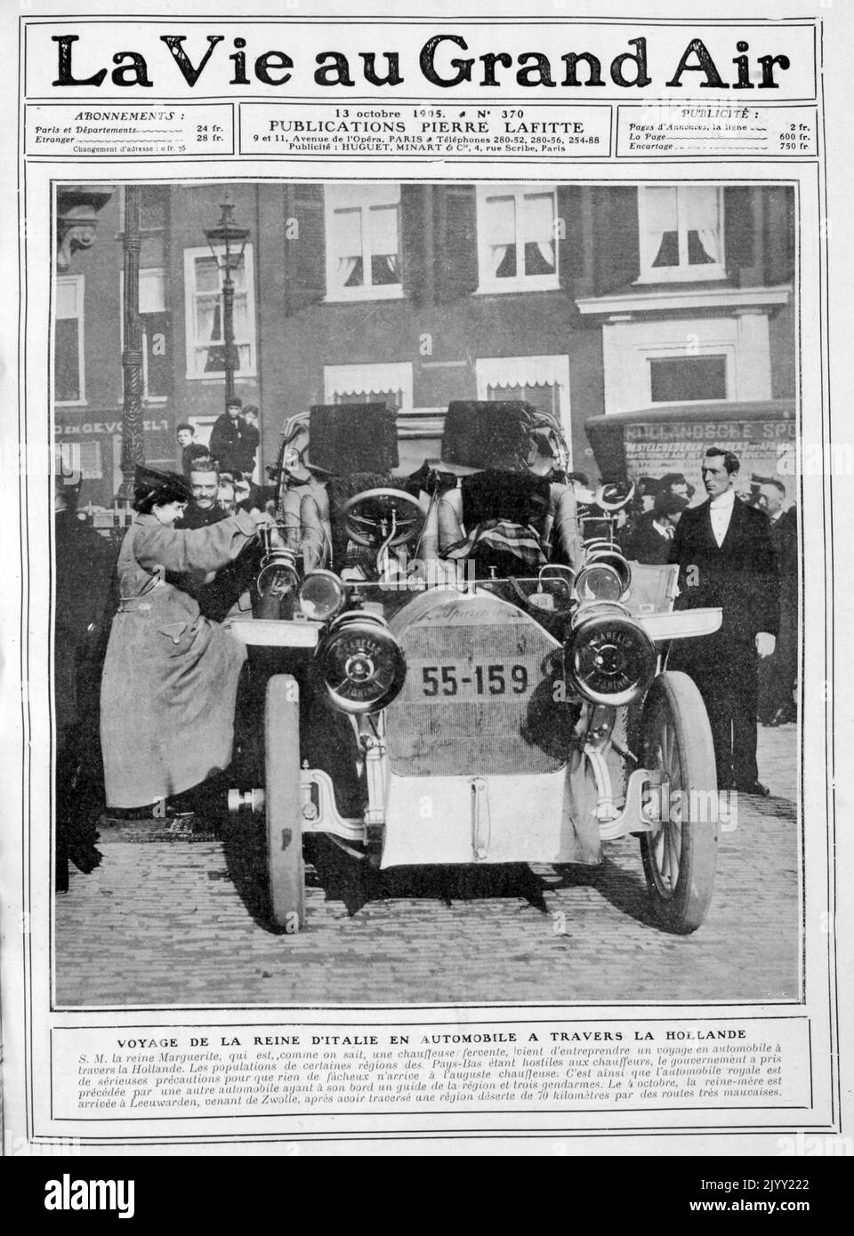 Photograph of Queen Margherita of Italy, (1851 - 1926), Queen consort of Umberto I boarding a vintage car in Amsterdam, Holland, 1905. Stock Photo