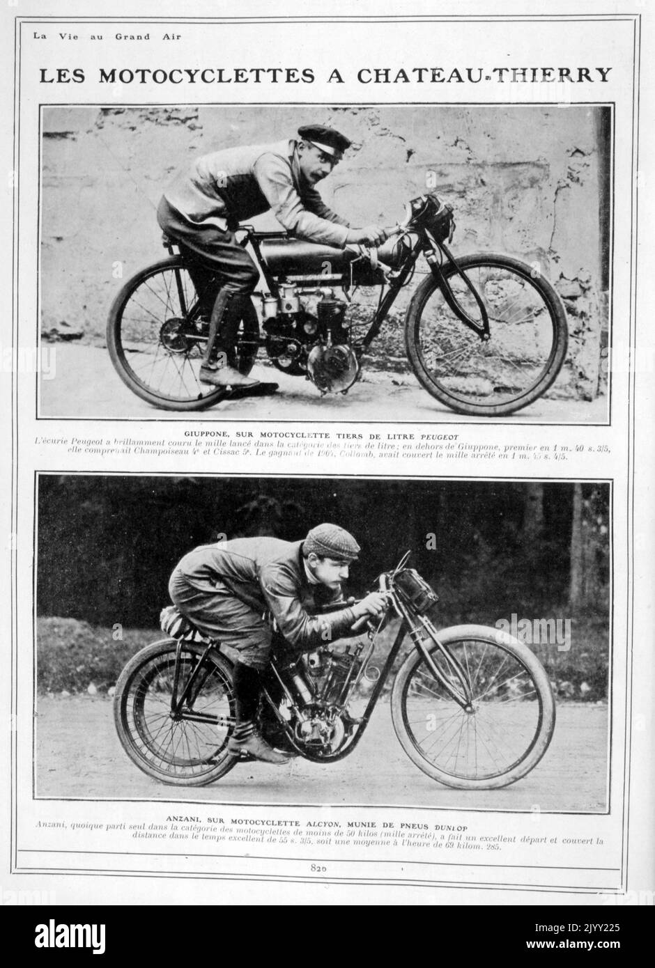 Vintage French photograph of Anzani and Giuppone, veteran early motorcyclists on Peugeot motorbikes1905 Stock Photo