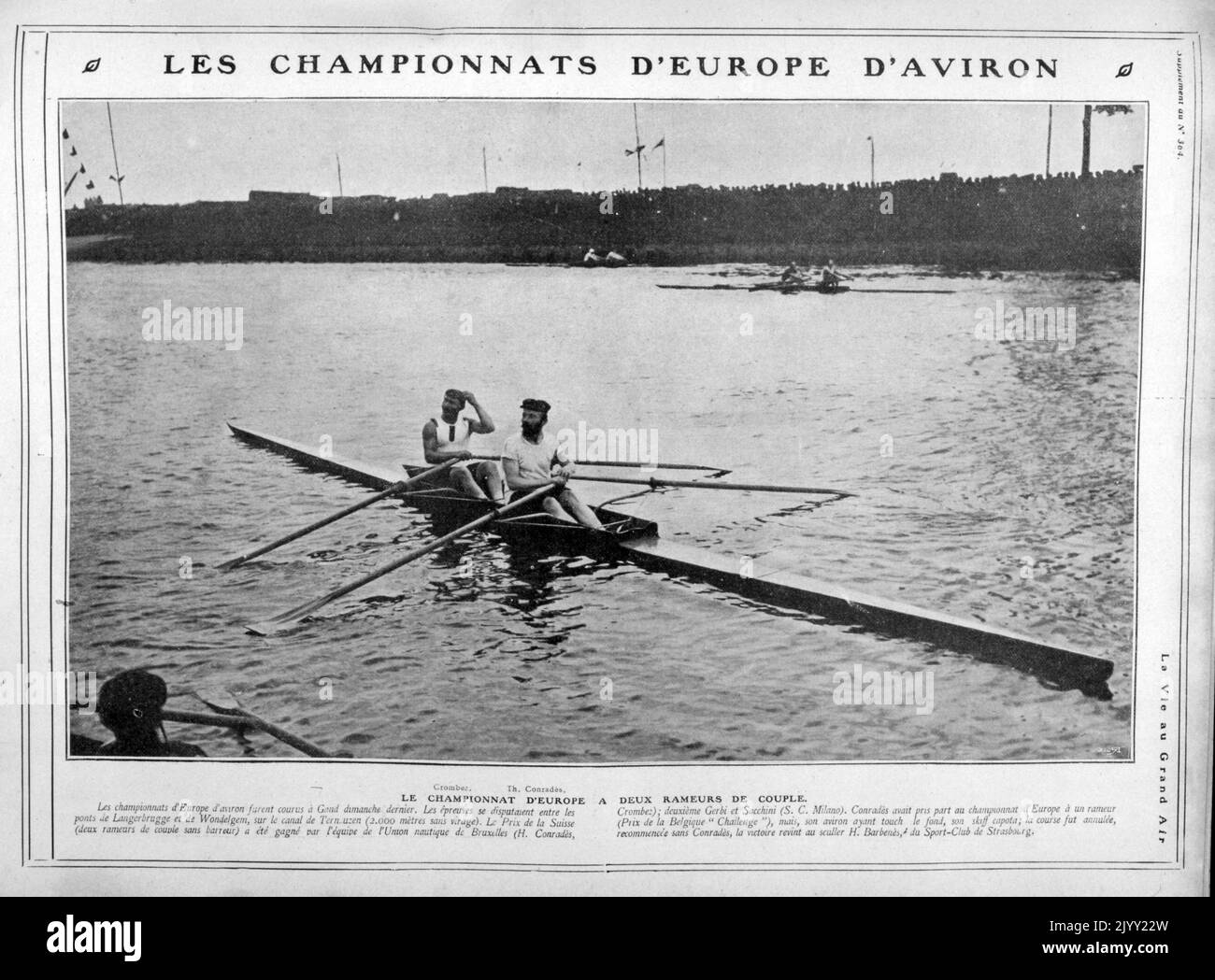Vintage photograph of the 1905 European Rowing Championship, Ghent, Belgium. Rowers Crombez and Conrades Stock Photo