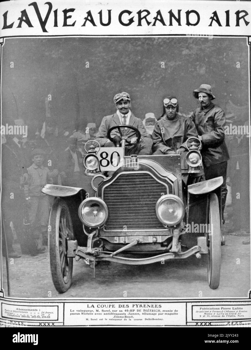 Marc Sorel on a 40HP Dietrich, wins the Pyrenees Cup, 1905. The Pyrenees Cup was a tour for passenger cars organized from 1905 by the newspaper La Depeche du Midi, which aimed to promote the Pyrenean region. Stock Photo