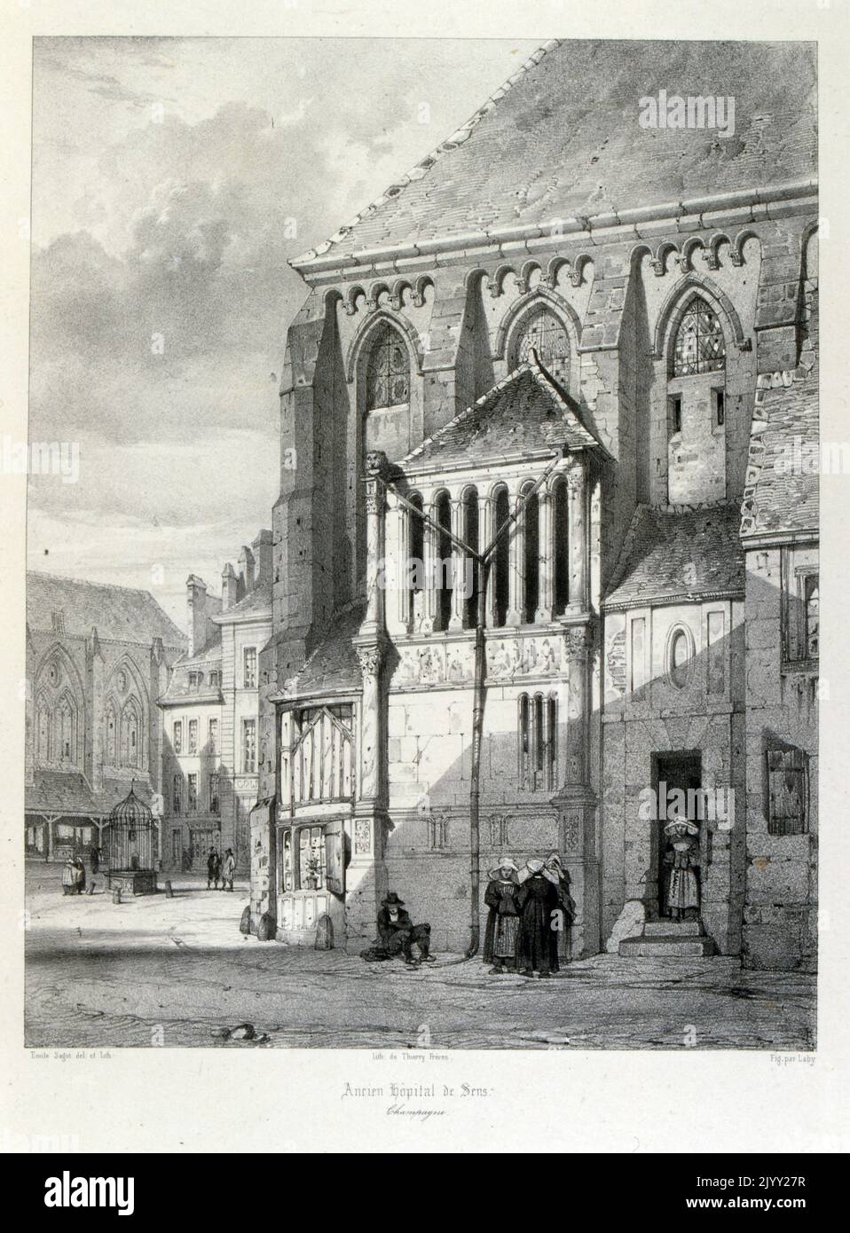 The ancient Hospital (Hotel-Dieu), in Sens, France. The building was demolished in the 19th century. Drawing by Isidore Justin Severin Taylor, baron Taylor 1789-1879, Artist and philanthropist. Stock Photo