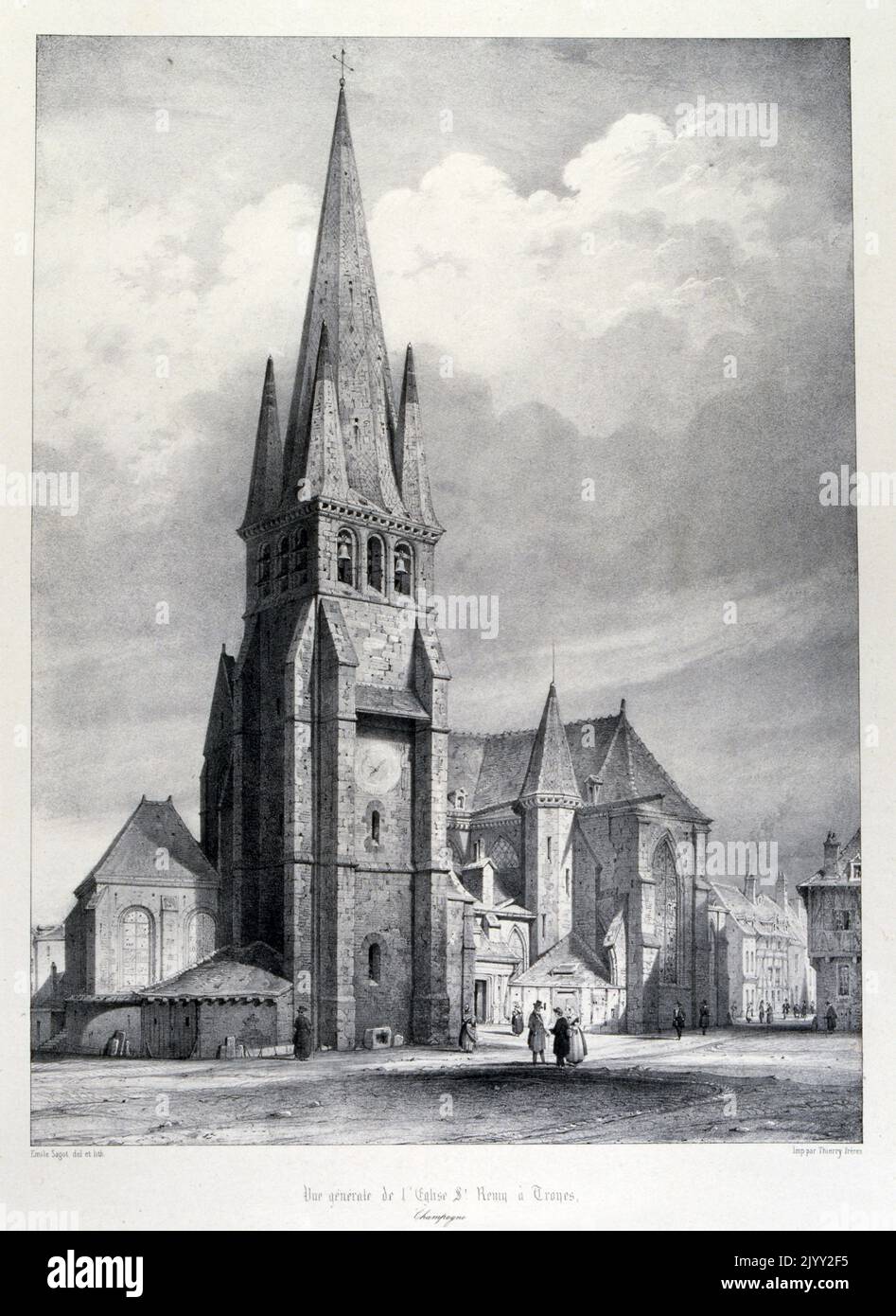 Drawing of the church of Saint-Remy de Troyes, a French Catholic church, located in the city of Troyes in the department of Aube in the Champagne-Ardenne region. known for its sixteenth and seventeenth century paintings as well as for its stained glass windows from the nineteenth and early twentieth centuries. Stock Photo