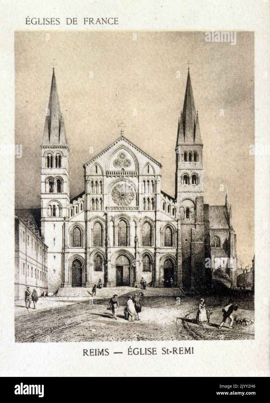 Drawing of the Abbey of Saint-Remi, in Reims, France, founded in the sixth century. Since 1099 it has conserved the relics of Saint Remi (died 553), the Bishop of Reims who converted Clovis, King of the Franks, to Christianity at Christmas in AD 496, after he defeated the Alamanni in the Battle of Tolbiac. The present basilica was the abbey church; it was consecrated by Pope Leo IX in 1049. The eleventh-century nave and transepts, in the Romanesque style, are the oldest; the facade of the south transept is the most recent. Stock Photo