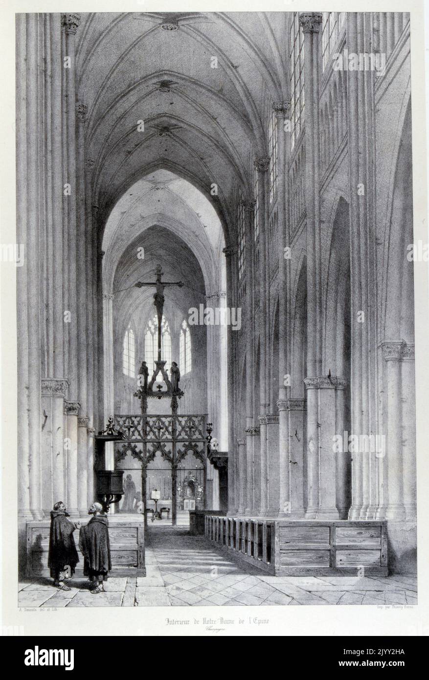 The Basilique Notre-Dame de l'Epine, near Chalons-en-Champagne by Isidore Justin Severin Taylor, baron Taylor 1789-1879, Artist and philanthropist. From 'Voyages Pittoresques' 1857. The Basilique Notre-Dame de l'Epine is a Roman Catholic basilica in the small village of L'Epine, Marne, near Chalons-en-Champagne and Verdun. It is a major masterpiece in the Flamboyant Gothic style Stock Photo