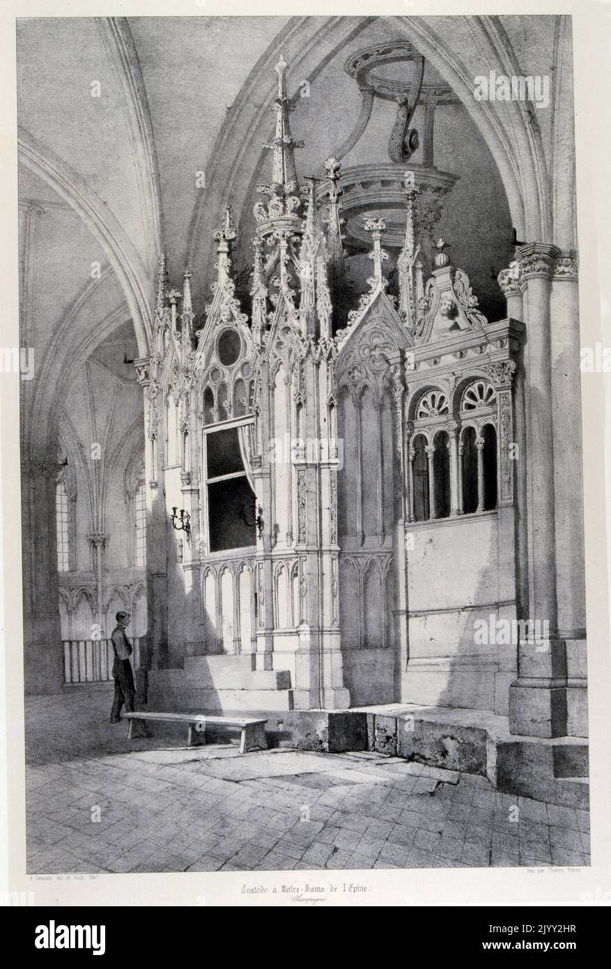 The Basilique Notre-Dame de l'Epine, near Chalons-en-Champagne by Isidore Justin Severin Taylor, baron Taylor 1789-1879, Artist and philanthropist. From 'Voyages Pittoresques' 1857. The Basilique Notre-Dame de l'Epine is a Roman Catholic basilica in the small village of L'Epine, Marne, near Chalons-en-Champagne and Verdun. It is a major masterpiece in the Flamboyant Gothic style. Stock Photo