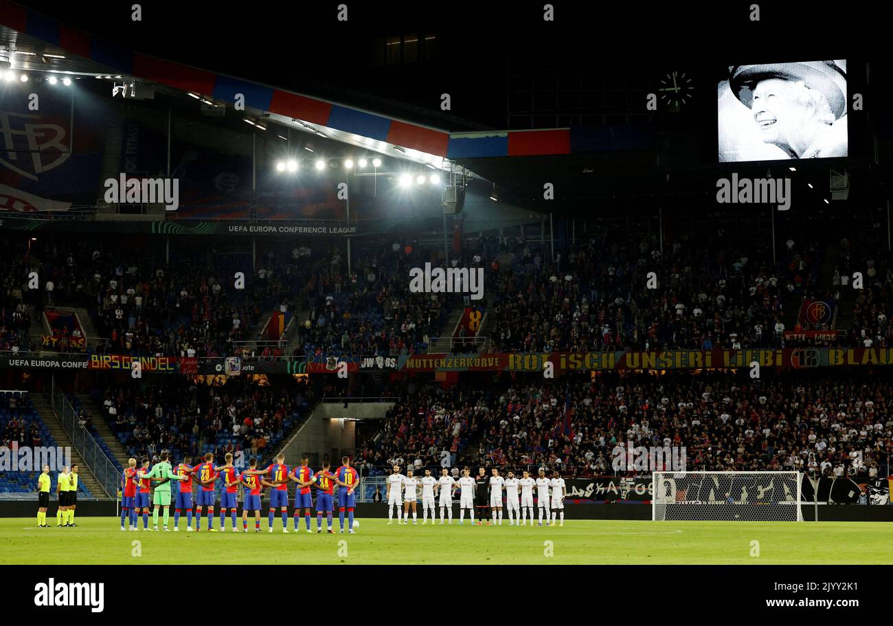 Soccer Football - Europa Conference League - Group H - Basel v Pyunik - St. Jakob-Park, Basel, Switzerland - September 8, 2022 Players stand during a minutes silence before the match after the death of Britain's Queen Elizabeth REUTERS/Stefan Wermuth Stock Photo