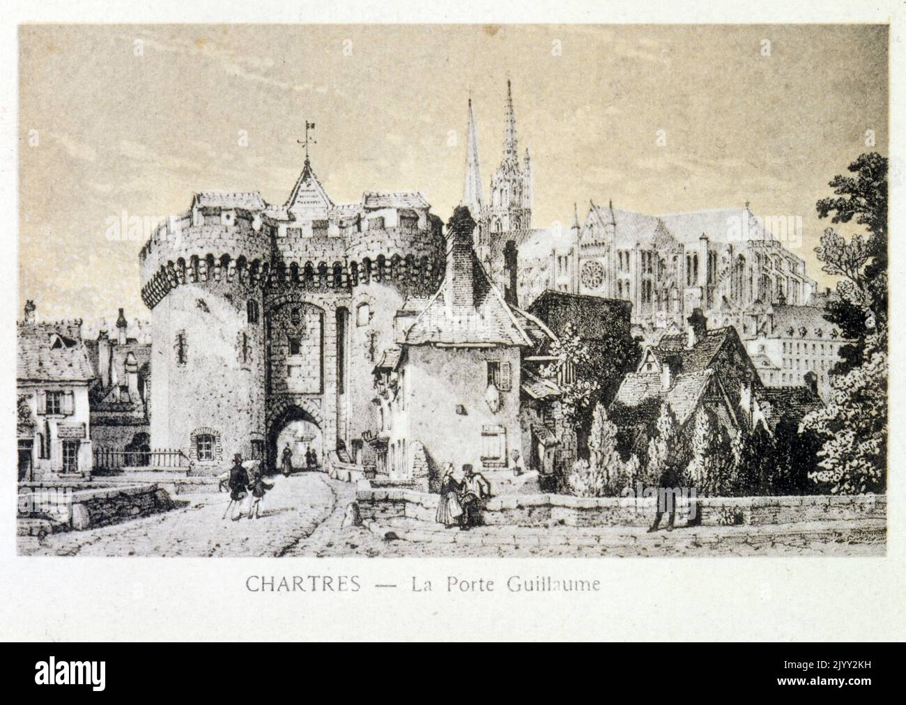 Drawing of the town of Chartres, France showing the Porte Guillaume (14th century), a gateway flanked by towers Stock Photo