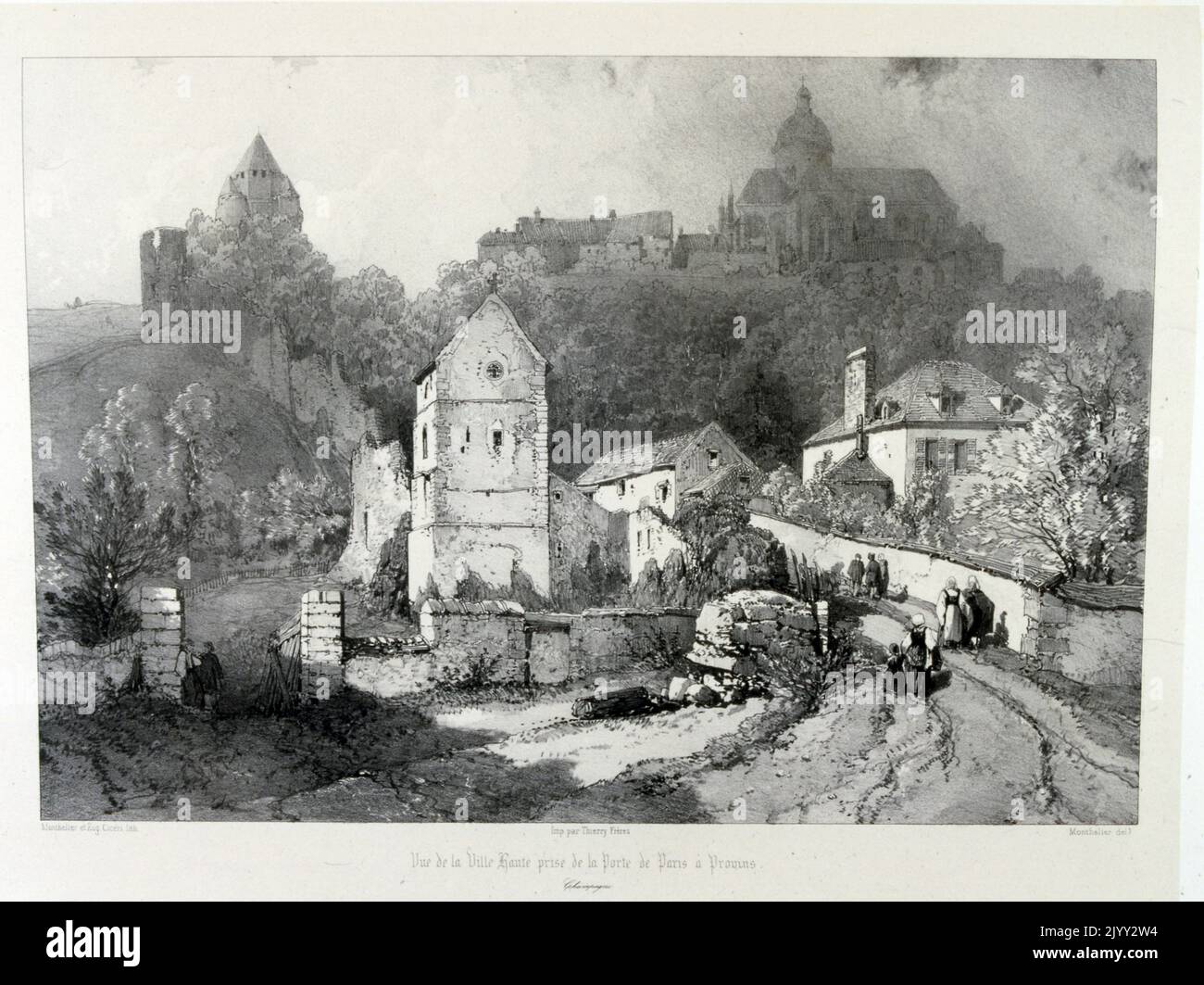 approach to the town of Provins, in north-central France near Paris. Its medieval architecture includes high ramparts with fortified gates. 19th century, 1857 Stock Photo