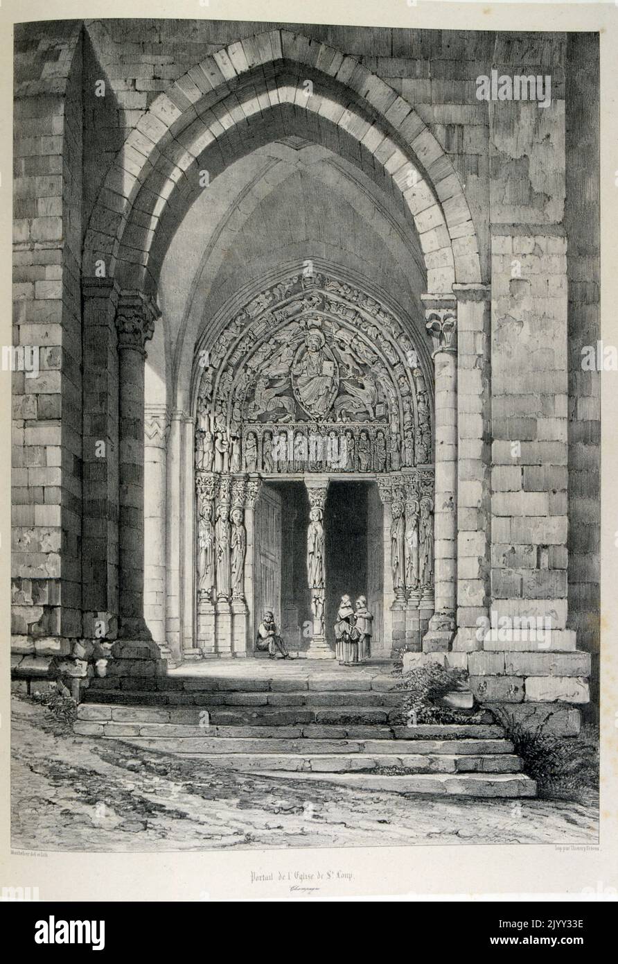 19th century drawing of Eglise Saint-Etienne a Gothic church, in the Seine-et-Marne; France. Brie comes from the Gaulish briga, meaning 'plateau'. The 'Comte Robert' was Robert I of Dreux who owned the 13th century, Got town Stock Photo