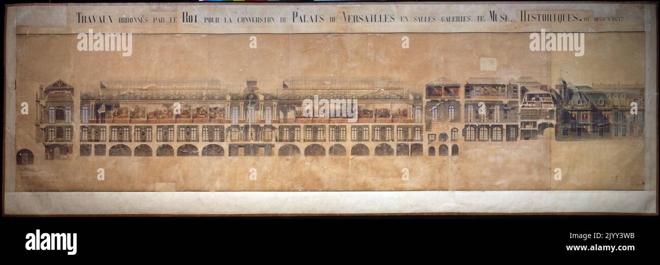 architectural plan for the conversion of the Palace of Versailles to become a Musee for French History. Ordered by King Louis Phillipe. The museum was located in the Aile du Midi (South Wing), which during the Ancien Regime had been used to lodge the members of the royal family. It was begun in 1833 and inaugurated on 30 June 1837. Its most famous room is the Galerie des Batailles (Hall of Battles), which lies on most of the length of the second floor Stock Photo