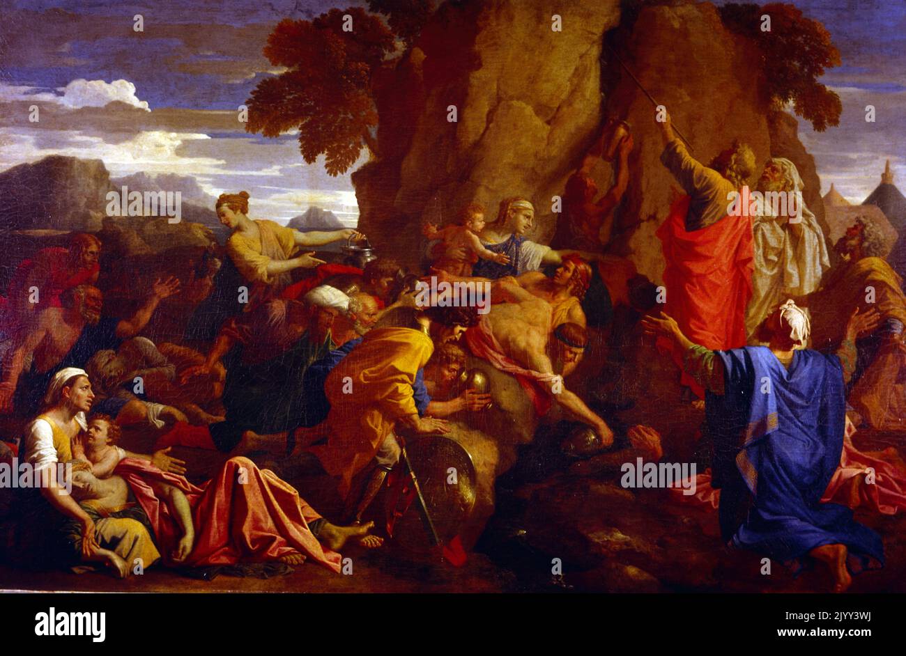 Moses Striking the Rock; 1649. By Nicolas Poussin, Oil on canvas. Nicolas Poussin (1594 - 1665), the leading painter of the classical French Baroque style. He painted this work for his friend Jacques Stell. Stock Photo