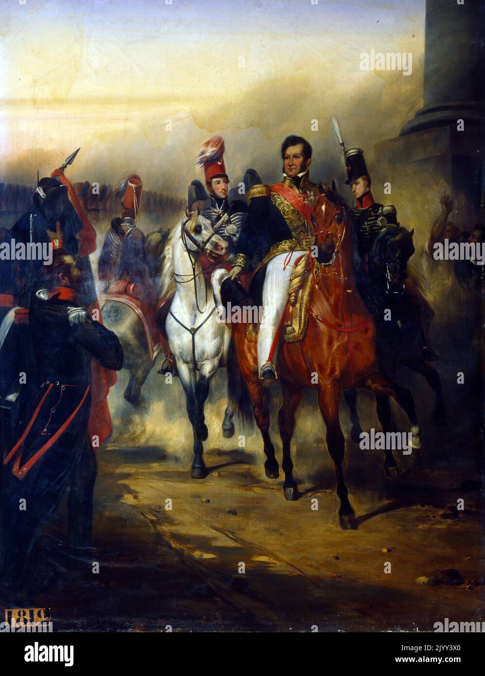 The Duke of Orleans, lieutenant general of the Kingdom receives at the gate to the throne in Paris, the 1st Hussars commanded by his son the Duke of Chartres, August 4, 1830. Oil on Canvas 1835, by Ary Scheffer (1795-1858). Versailles, Chateau et Trianons. Stock Photo