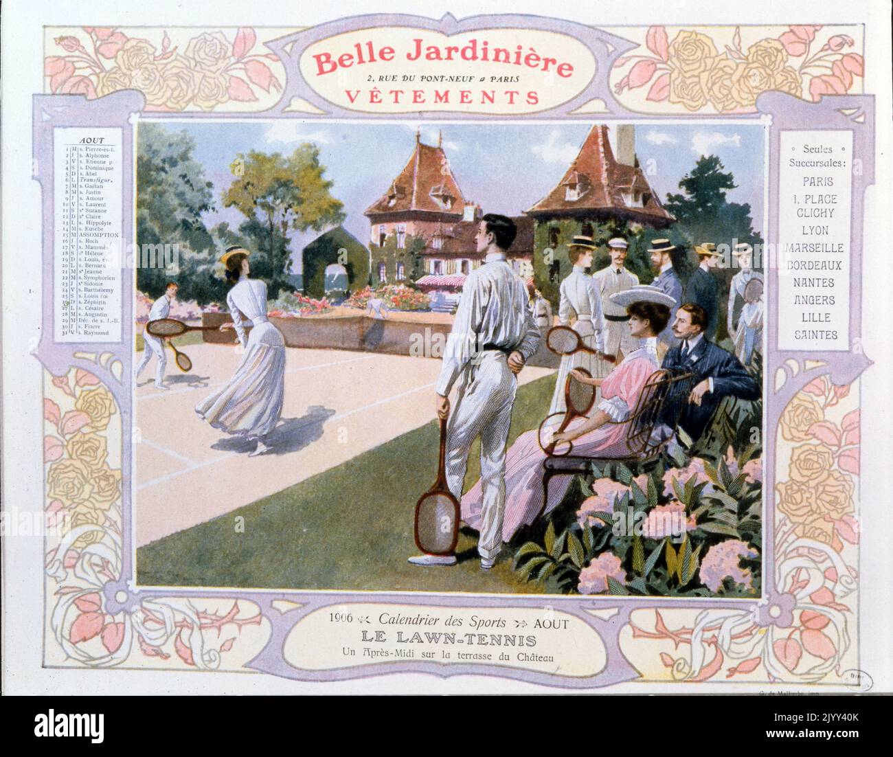 French Illustration showing a tennis match with male and female players. 1906 Stock Photo