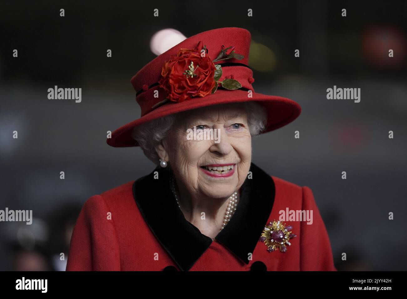 File photo dated 22/5/2021 of Queen Elizabeth II during a visit to HMS Queen Elizabeth at HM Naval Base, Portsmouth, ahead of the ship's maiden deployment. On her death, Charles, who was the Prince of Wales, is now King of the United Kingdom of Great Britain and Northern Ireland; Camilla is, as the wife of the King, the Queen and her style is now Her Majesty rather than Her Royal Highness, Prince William, as heir to the throne, is now the Duke of Cornwall and Cambridge and Kate is now the Duke of Cornwall and Cambridge. Issue date: Thursday September 8, 2022. Stock Photo