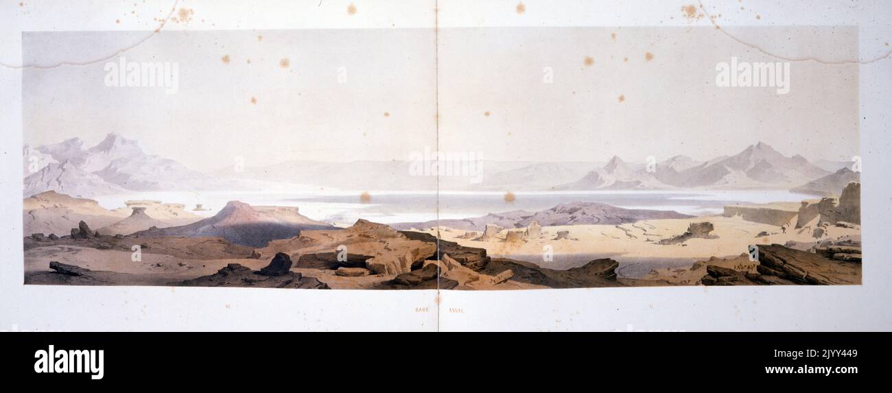nineteenth century Illustration of Lake Assal, a crater lake in central-western Djibouti. It is located at the western end of Gulf of Tadjoura in the Tadjoura Region, touching Dikhil Region, at the top of the Great Rift Valley. Lake Assal is a saline. 1852 Stock Photo