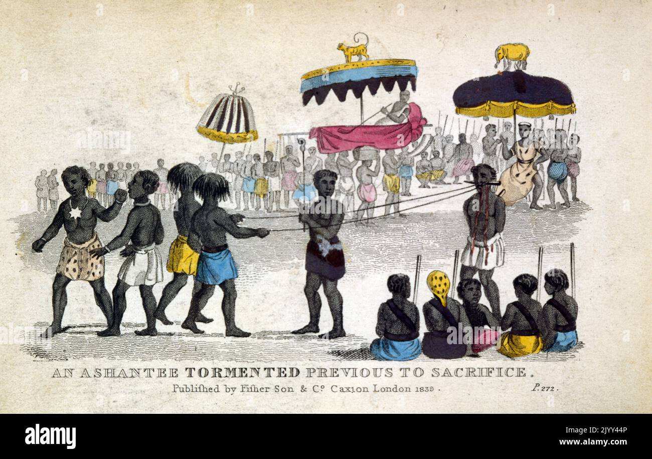 Ashanti Human sacrifice as a victim is taunted before execution. The Ashanti King looks on; Ghana (West Africa); Illustration 1837 Stock Photo
