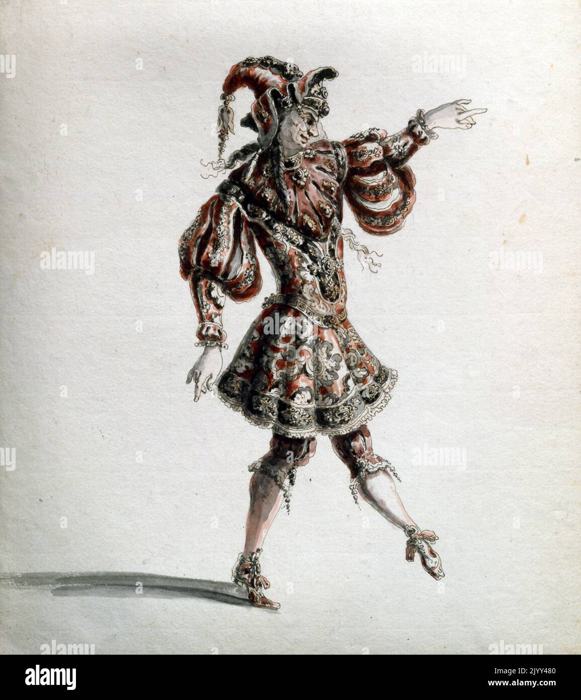Costume design by Jean Berain (1640-1711). Costume of a Hero, from the opera 'Amadis' by Lully. Pen ink and watercolour. Amadis or Amadis de Gaule (Amadis of Gaul) is a tragedie en musique in a prologue and five acts by Jean-Baptiste Lully to a libretto by Philippe Quinault based on Nicolas Herberay des Essarts' adaptation of Garci Rodriguez de Montalvo's Amadis de Gaula. It was premiered by the Paris Opera at the Theatre du Palais-Royal sometime from January 15 to 18, 1684. Stock Photo