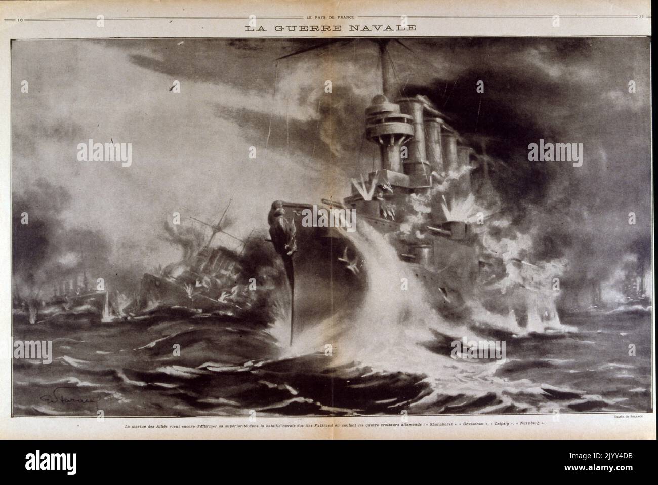 The Battle of the Falkland Islands was a naval action between the British Royal Navy and Imperial German Navy on 8 December 1914, during the First World War in the South Atlantic. The British, after a defeat at the Battle of Coronel on 1 November, sent a large force to track down and destroy the victorious German cruiser squadron Stock Photo