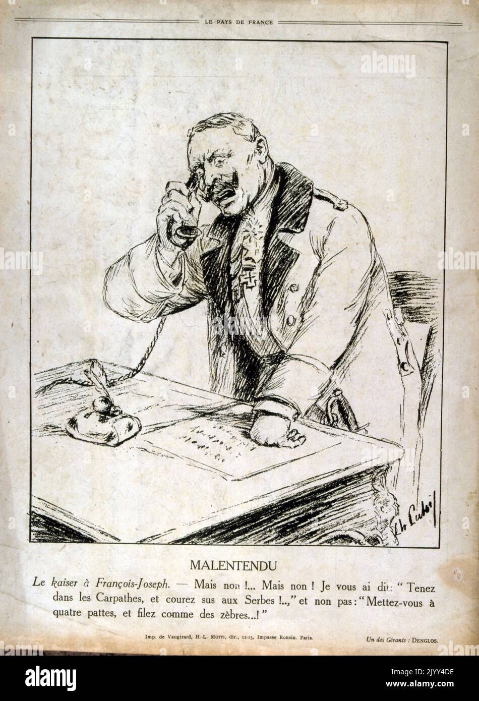 French World war One propaganda Cartoon satirising, Kaiser Wilhelm II of Germany Stock Photo