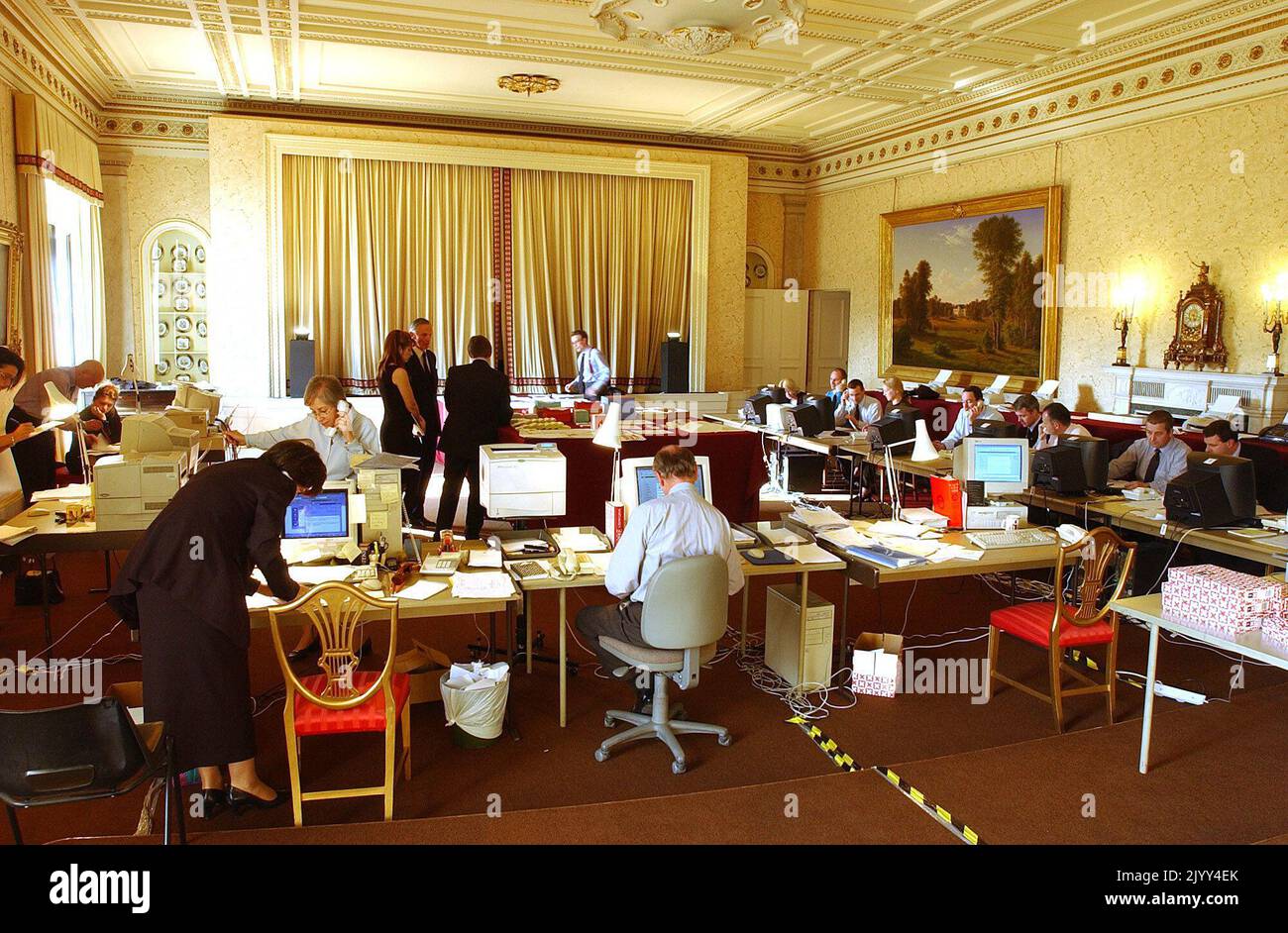 File photo dated 3/4/2002 of the cinema in Buckingham Palace, that was used by palace staff, assisted by military personnel as an operations centre to coordinate arrangements for the Queen Mother's funeral. Issue date: Thursday September 8, 2022. Stock Photo