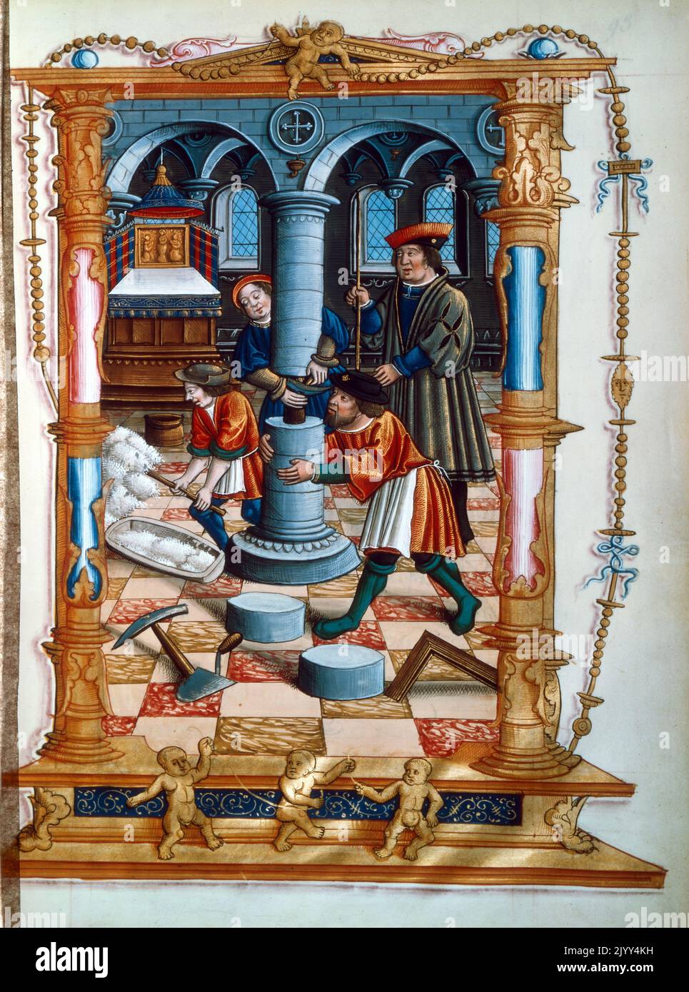 Medieval Illustration of stone masons erecting a pillar in a church in ...