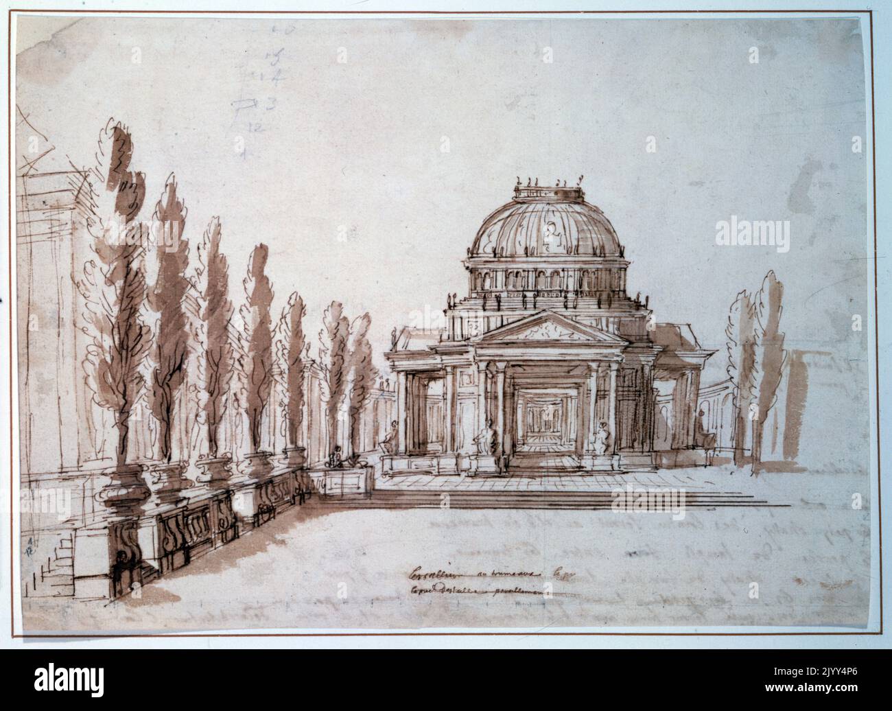 set design for Achille et Polyxene, designed by Berain for 'Achille et Polyxene' an opera with music by Jean-Baptiste Lully, first performed in 1687. Jean-Baptiste Lully (1632 - March 1687) was an Italian-born French composer, instrumentalist, and dancer who spent most of his life working in the court of Louis XIV of France. Jean Berain the Elder (1640 - 1711) was a draughtsman and designer. Thesee (Theseus) is a tragedie en musique, an early type of French opera, in a prologue and five acts with music by Jean-Baptiste Lully. Achille et Polyxene (Achilles and Polyxena) is a tragedie lyrique co Stock Photo