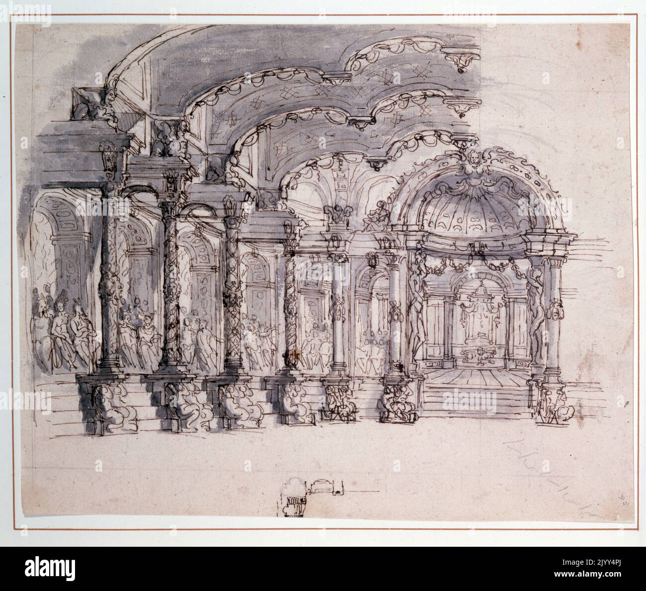 Stage scenery design by Berain for 'Proserpine' an opera with music by Jean-Baptiste Lully, first performed at Saint-Germain-en-Laye on 3 February 1680. Jean-Baptiste Lully (1632 - March 1687) was an Italian-born French composer, instrumentalist, and dancer who spent most of his life working in the court of Louis XIV of France. Jean Berain the Elder (1640 - 1711) was a draughtsman and designer Stock Photo