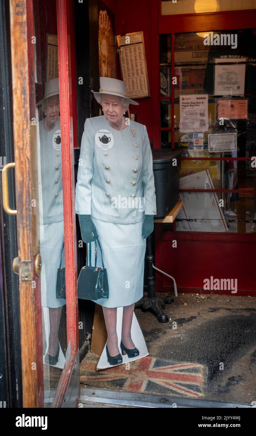 A cardboard cutout of Queen Elizabeth at the Anglophile restaurant Tea