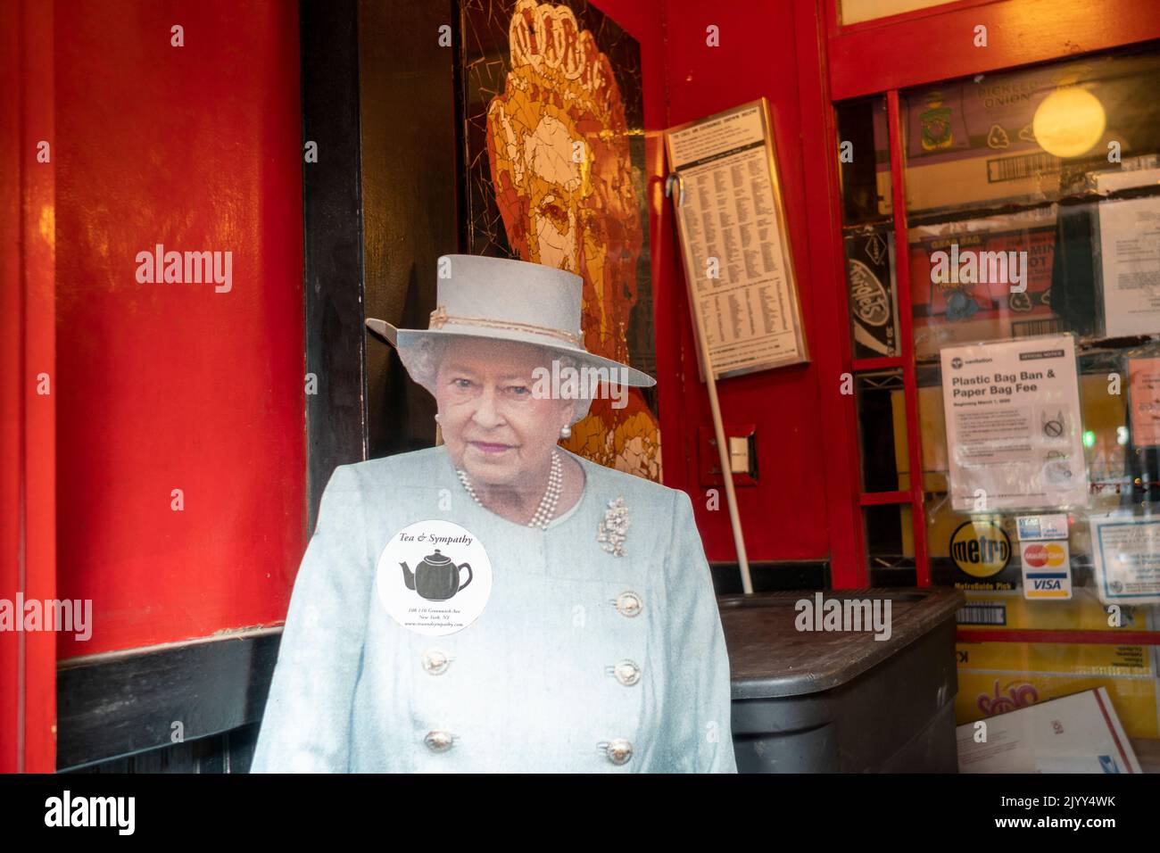 A cardboard cutout of Queen Elizabeth at the Anglophile restaurant Tea