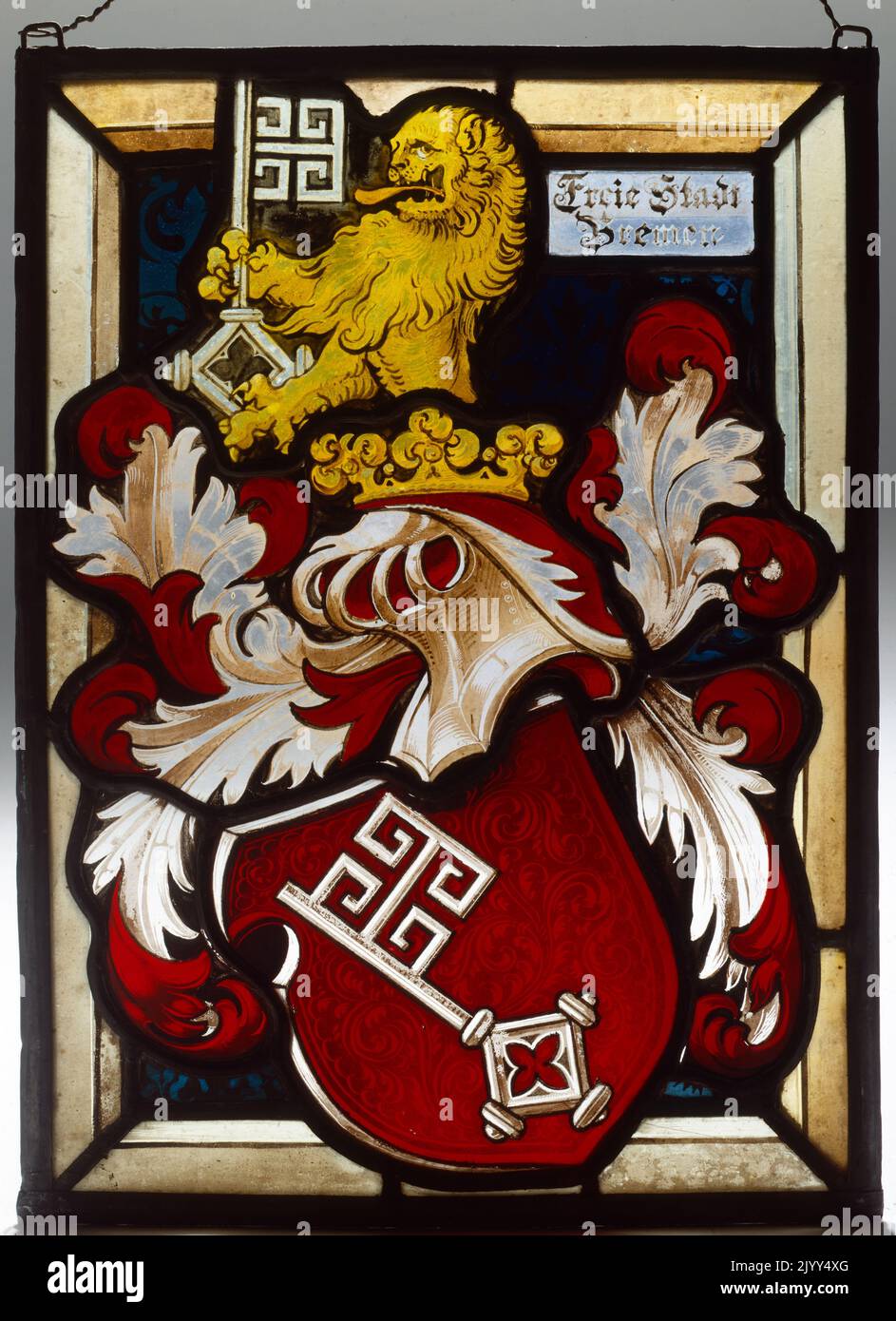 Stained glass window , 16th century celebrating the medieval Free City State of Bremen, (Germany), recognised as a political entity with its own laws. Stock Photo