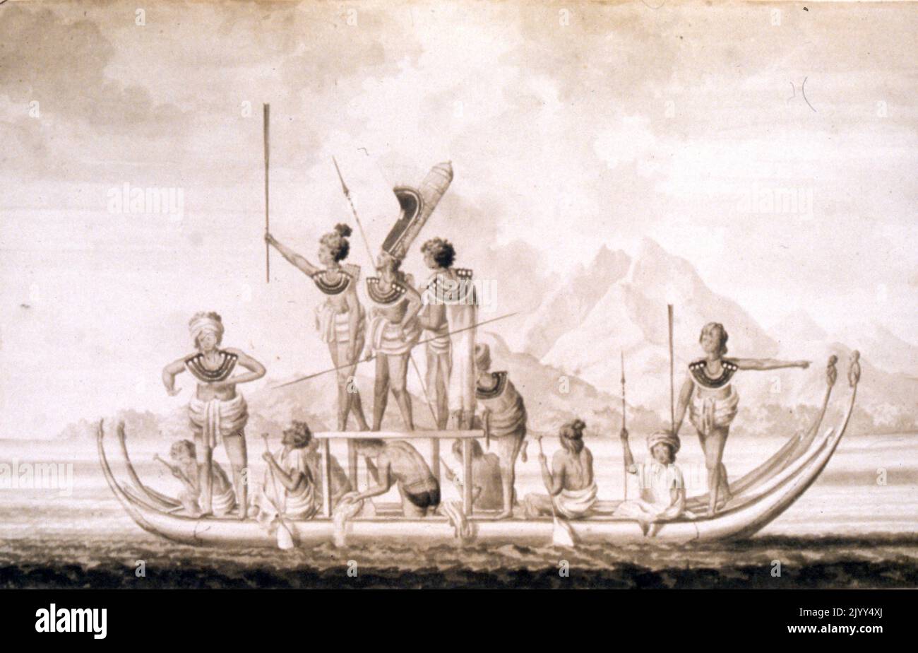 Canoes, in the Society Islands, Tahiti by Sydney Parkinson (c. 1745 - 1771), by Sydney Parkinson (c. 1745 - 1771), a Scottish botanical illustrator and natural history artist. He was the first European artist to visit Australia, New Zealand and Tahiti. Parkinson was employed by Joseph Banks to travel with him on James Cook's first voyage to the Pacific in 1768, in HMS Endeavour. Stock Photo