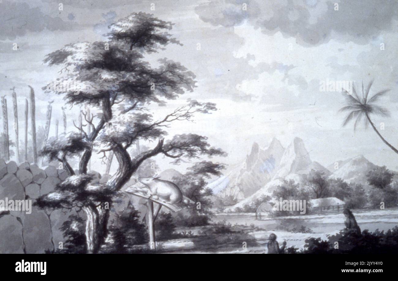 view with offerings, Tahiti by Sydney Parkinson (c. 1745 - 1771), by Sydney Parkinson (c. 1745 - 1771), a Scottish botanical illustrator and natural history artist. He was the first European artist to visit Australia, New Zealand and Tahiti. Parkinson was employed by Joseph Banks to travel with him on James Cook's first voyage to the Pacific in 1768, in HMS Endeavour. Stock Photo