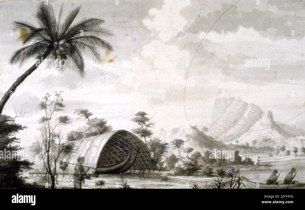 Village long hut in Tahiti by Sydney Parkinson (c. 1745 - 1771), by Sydney Parkinson (c. 1745 - 1771), a Scottish botanical illustrator and natural history artist. He was the first European artist to visit Australia, New Zealand and Tahiti. Parkinson was employed by Joseph Banks to travel with him on James Cook's first voyage to the Pacific in 1768, in HMS Endeavour. Stock Photo
